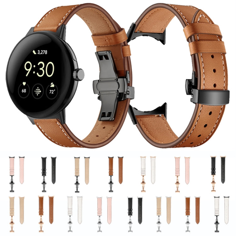 For Google Pixel Watch Butterfly Buckle Genuine Leather Watch Band(Rose Gold White)
