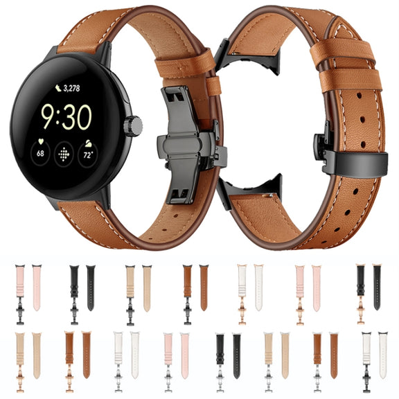 For Google Pixel Watch Butterfly Buckle Genuine Leather Watch Band(Rose Gold White)