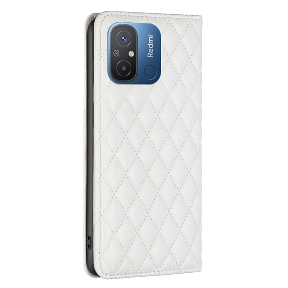 For Xiaomi Redmi 12C Diamond Lattice Magnetic Leather Flip Phone Case(White)