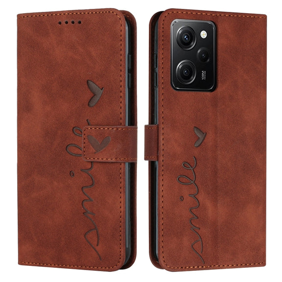 For Xiaomi Redmi Note 12 Pro Speed / Poco X5 Pro 5G Skin Feel Heart Pattern Leather Phone Case with Lanyard(Brown)