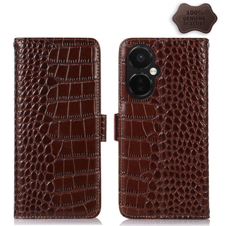 For OnePlus Nord CE 3 Lite Crocodile Top Layer Cowhide RFID Leather Phone Case(Brown)