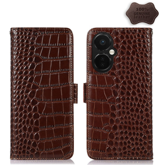 For OnePlus Nord CE 3 Lite Crocodile Top Layer Cowhide RFID Leather Phone Case(Brown)