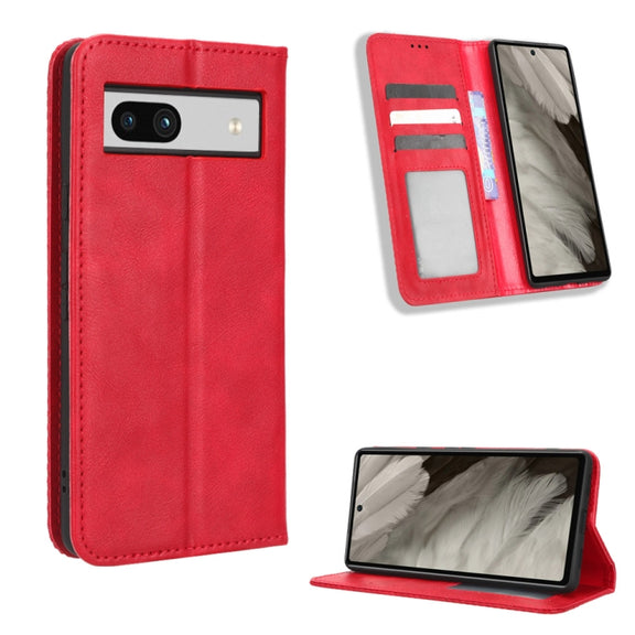 For Google Pixel 7a Magnetic Buckle Retro Texture Leather Phone Case(Red)
