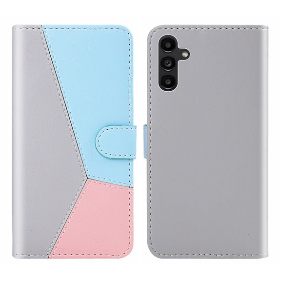 For Samsung Galaxy A14 5G Tricolor Stitching Flip Leather Phone Case(Grey)