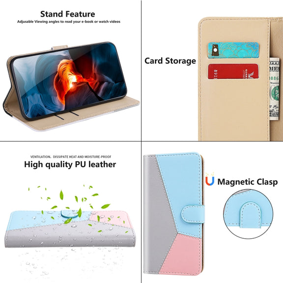 For Samsung Galaxy A14 5G Tricolor Stitching Flip Leather Phone Case(Grey)