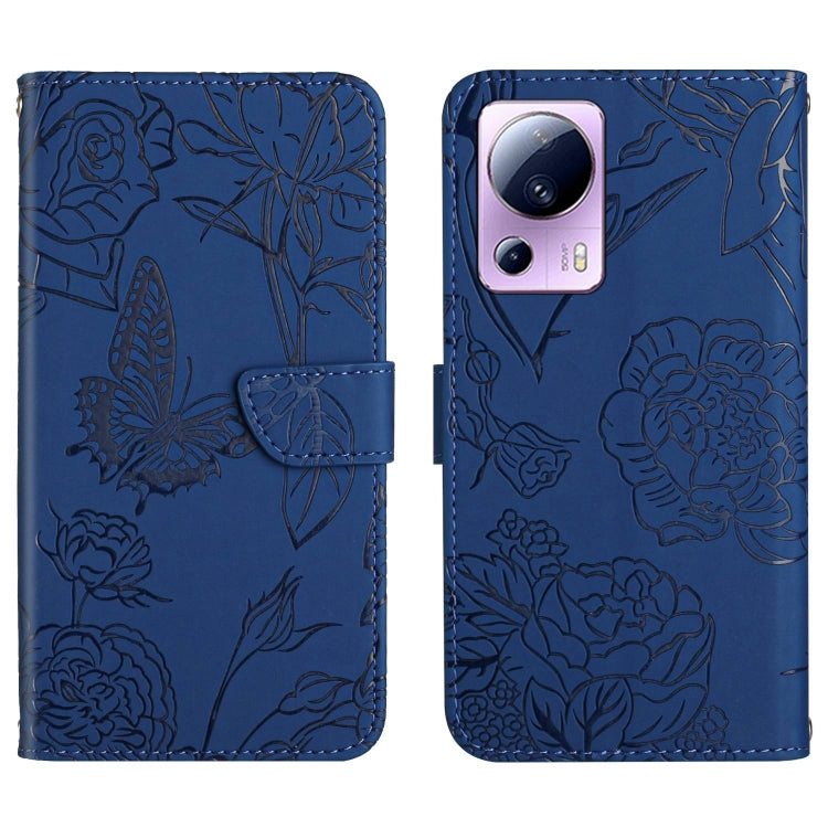For Xiaomi 13 Lite HT03 Skin Feel Butterfly Embossed Flip Leather Phone Case(Blue)