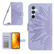 For Samsung Galaxy A24 4G HT04 Skin Feel Sun Flower Embossed Flip Leather Phone Case with Lanyard(Purple)