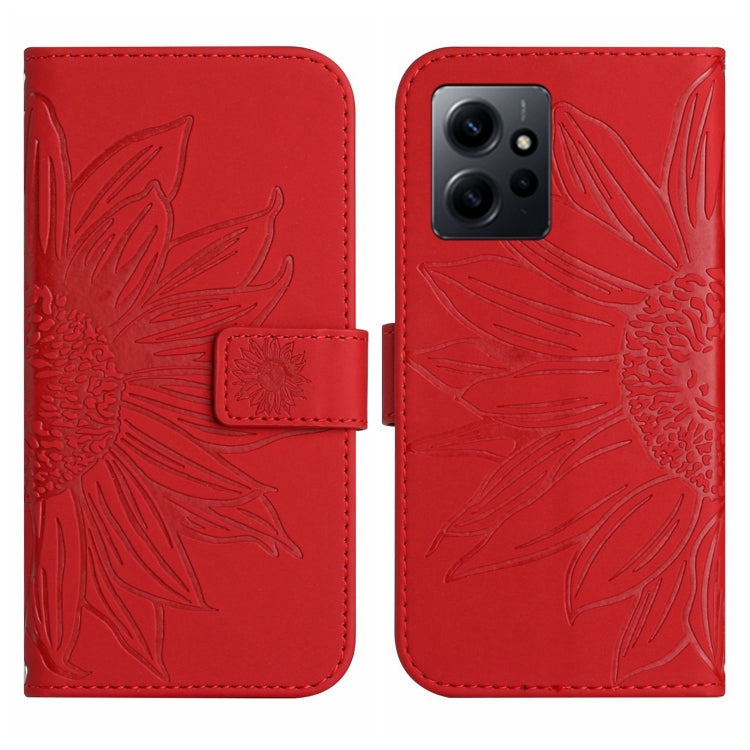 For Xiaomi Redmi Note 12 4G Global Skin Feel Sun Flower Embossed Flip Leather Phone Case with Lanyard(Red)