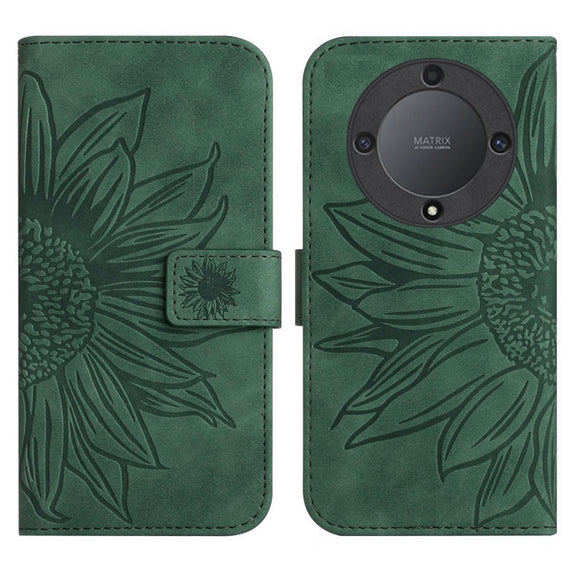 For Honor X9a 5G / Magic5 Lite Skin Feel Sun Flower Embossed Flip Leather Phone Case with Lanyard(Green)