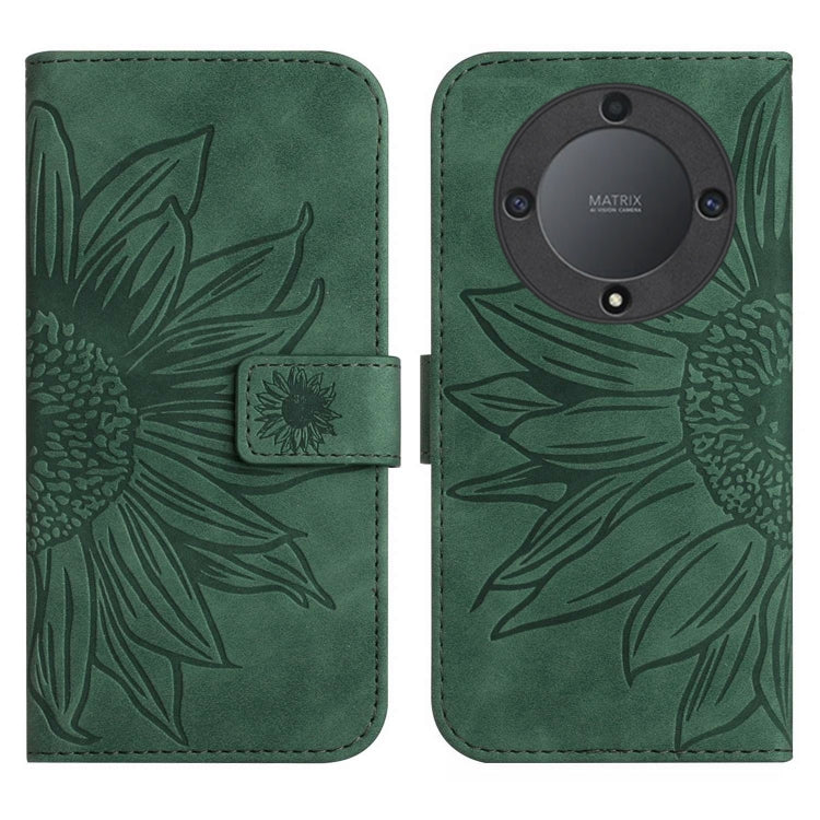 For Honor X9a 5G / Magic5 Lite Skin Feel Sun Flower Embossed Flip Leather Phone Case with Lanyard(Green)