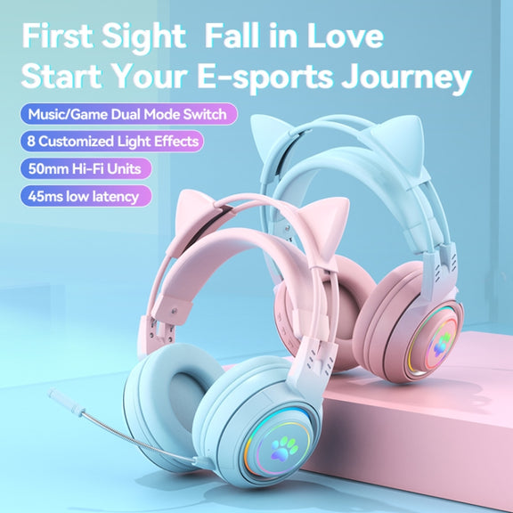 T25 RGB Stereo Cat Ear Bluetooth Wireless Headphones with Detachable Microphone(Black)