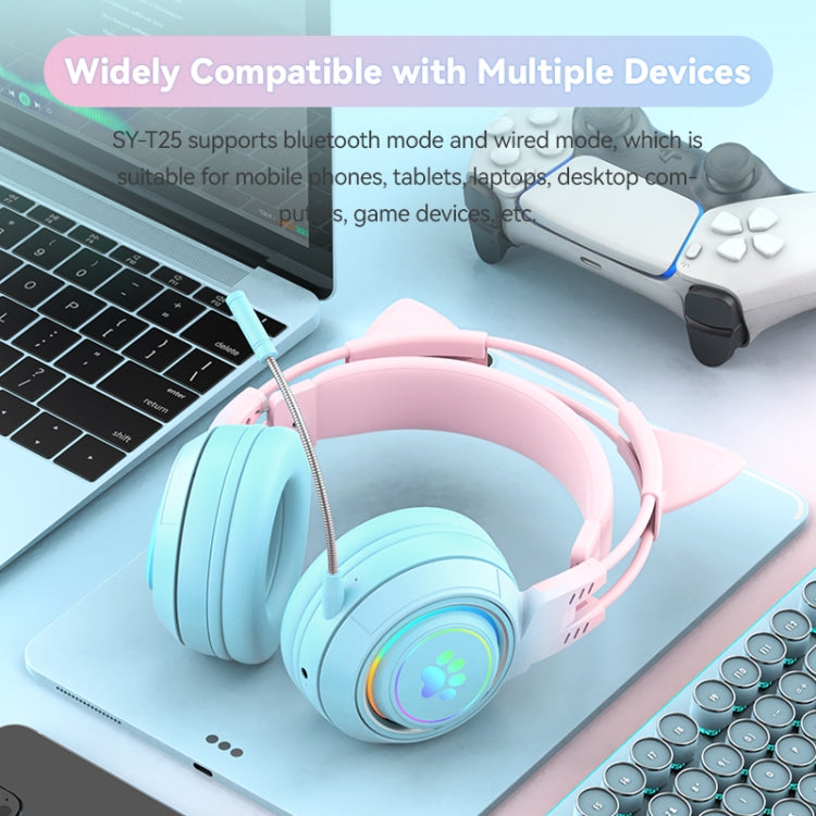 T25 RGB Stereo Cat Ear Bluetooth Wireless Headphones with Detachable Microphone(Blue)