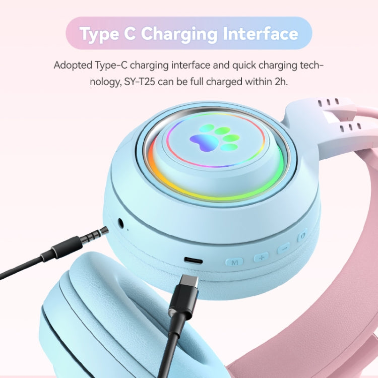 T25 RGB Stereo Cat Ear Bluetooth Wireless Headphones with Detachable Microphone(Black)