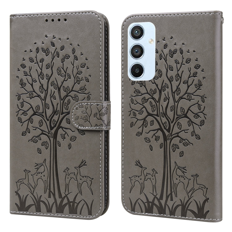 For Samsung Galaxy A54 5G Tree & Deer Pattern Pressed Printing Horizontal Flip Leather Phone Case(Grey)