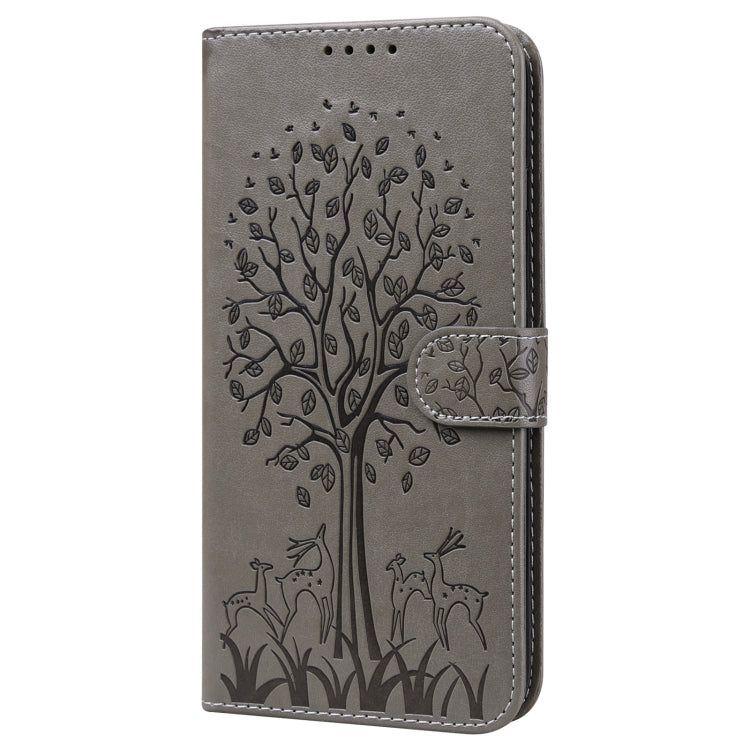 For Samsung Galaxy A54 5G Tree & Deer Pattern Pressed Printing Horizontal Flip Leather Phone Case(Grey)