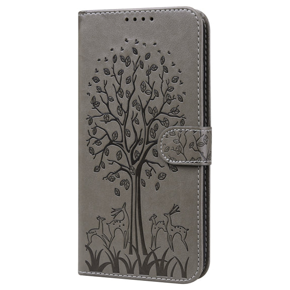 For Samsung Galaxy A54 5G Tree & Deer Pattern Pressed Printing Horizontal Flip Leather Phone Case(Grey)