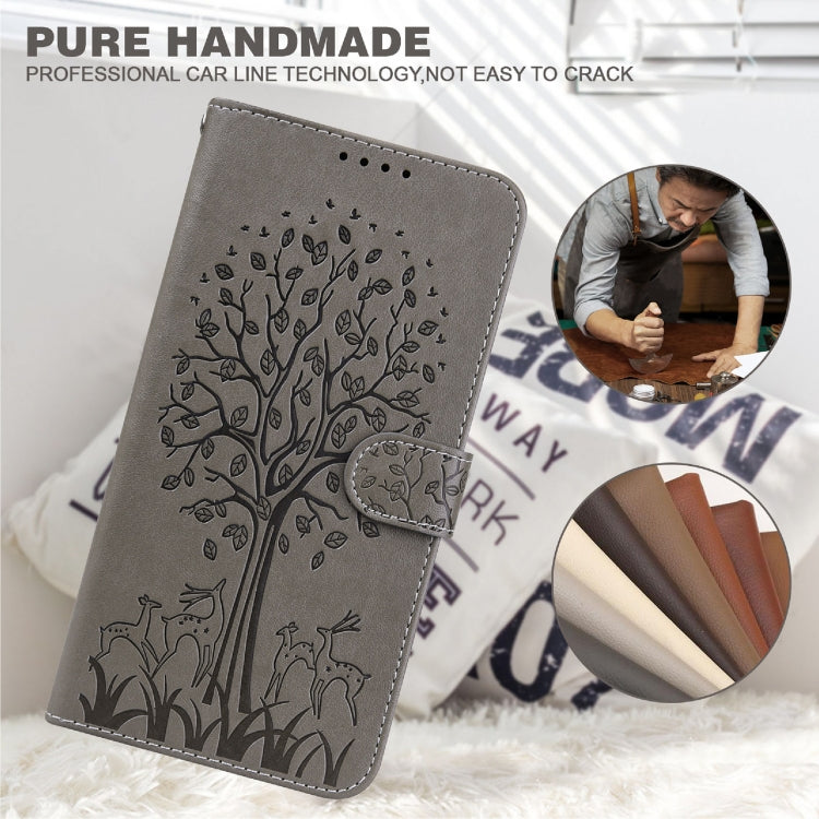 For Samsung Galaxy A54 5G Tree & Deer Pattern Pressed Printing Horizontal Flip Leather Phone Case(Grey)