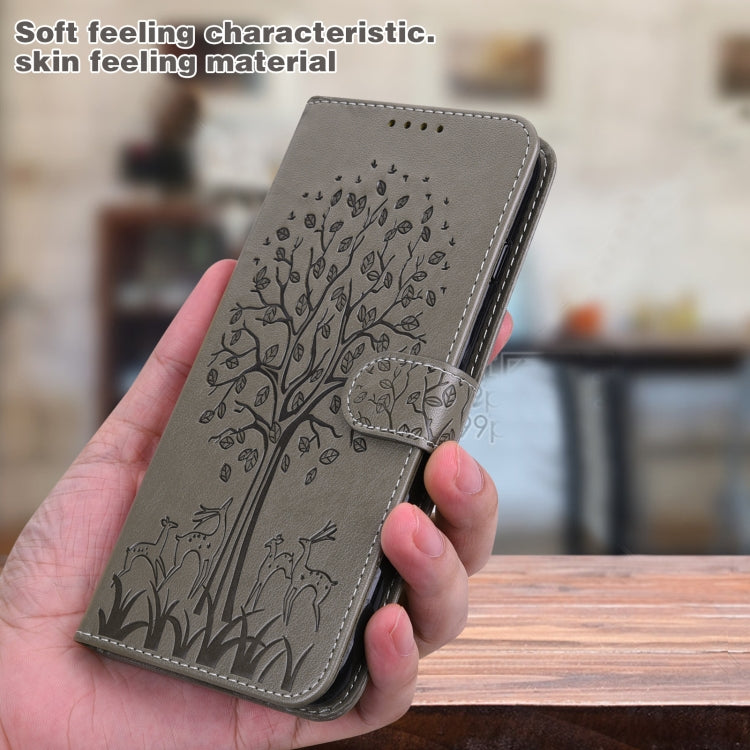 For Samsung Galaxy A54 5G Tree & Deer Pattern Pressed Printing Horizontal Flip Leather Phone Case(Grey)