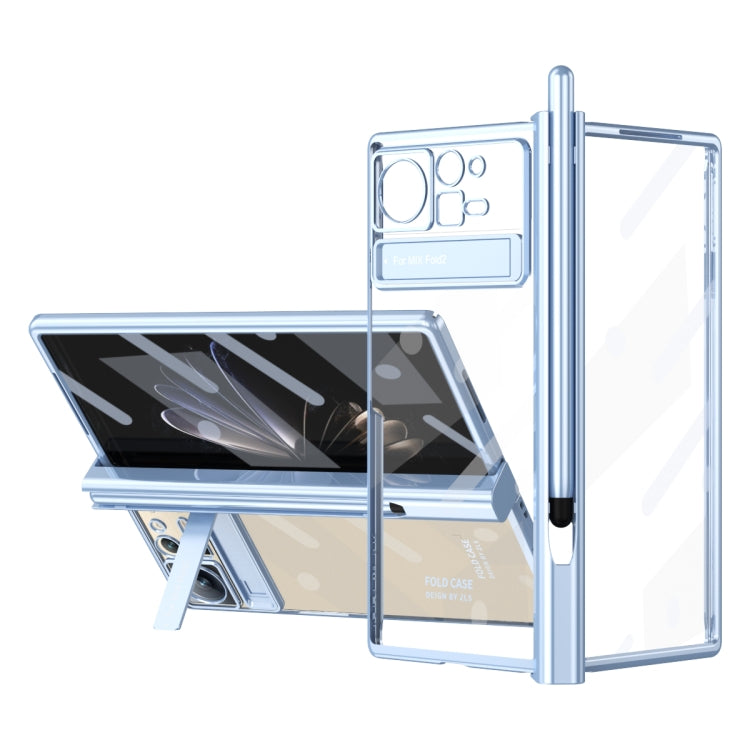 For Xiaomi Mix Fold 2 Electroplated Hinge Transparent Phone Case with Pen Slot(Blue)