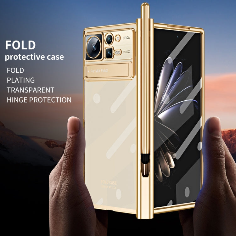 For Xiaomi Mix Fold 2 Electroplated Hinge Transparent Phone Case with Pen Slot(Blue)