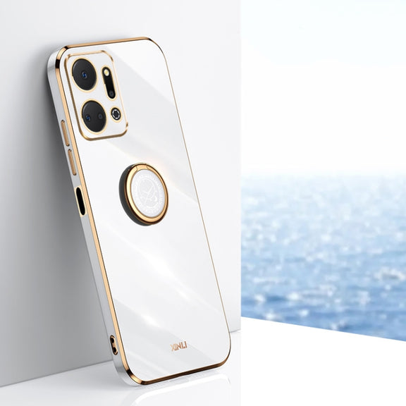 For Honor X7a 2023 XINLI Straight Edge 6D Electroplate TPU Phone Case with Ring Holder(White)