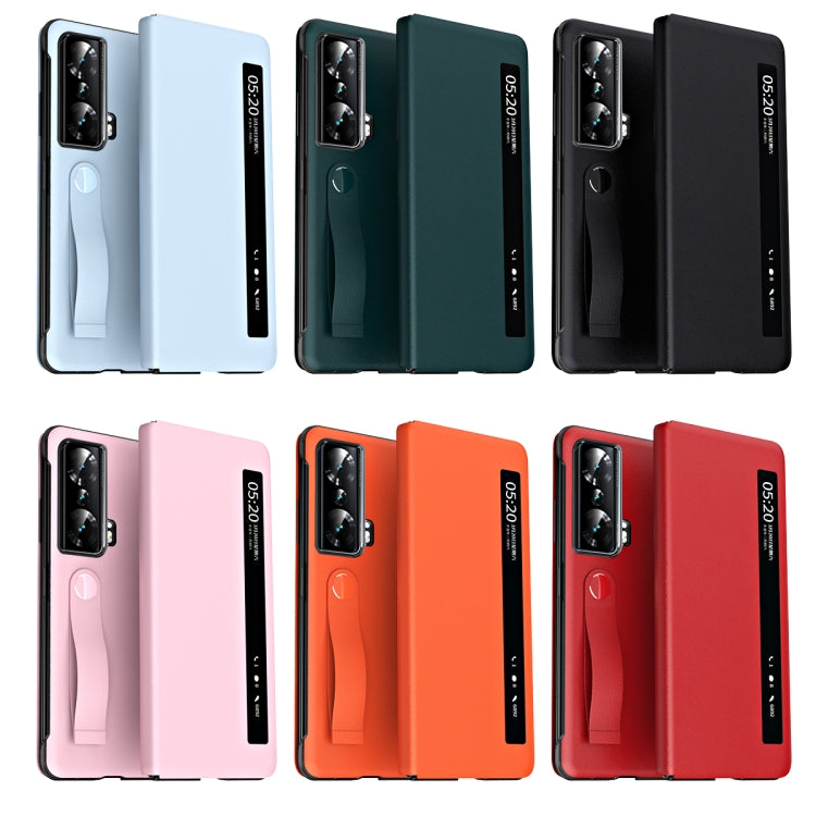 For Honor Magic Vs Side Window View Smart Litchi Pattern Leather Phone Case with Hand Strap(Blue)
