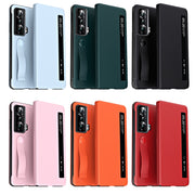 For Honor Magic Vs Side Window View Smart Litchi Pattern Leather Phone Case with Hand Strap(Blue)