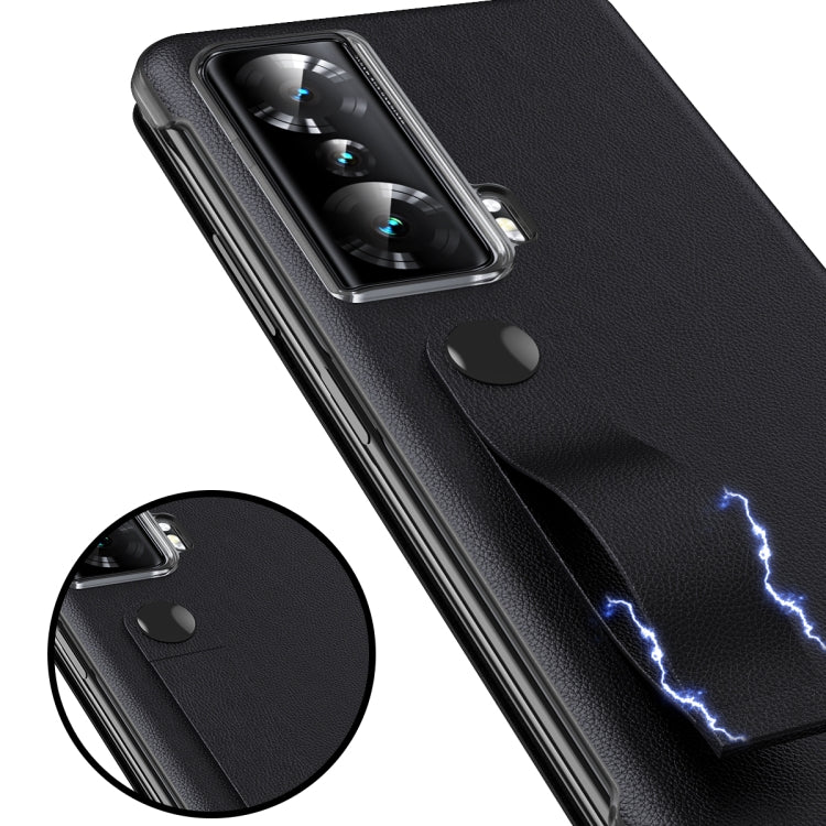 For Honor Magic Vs Side Window View Smart Litchi Pattern Leather Phone Case with Hand Strap(Blue)