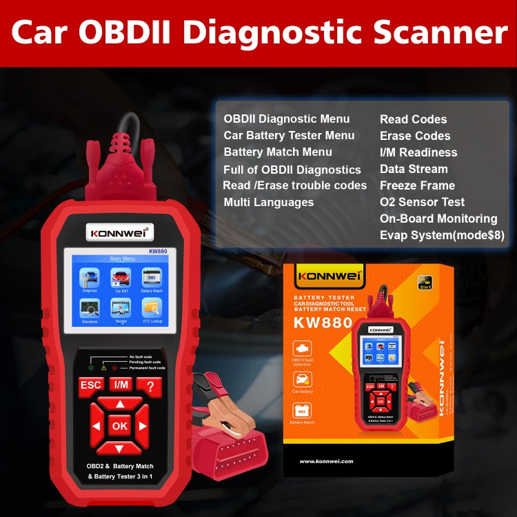 KONNWEI KW880 3 in 1 Car OBD2 Fault Diagnosis + Battery Tester + Battery Match Reset