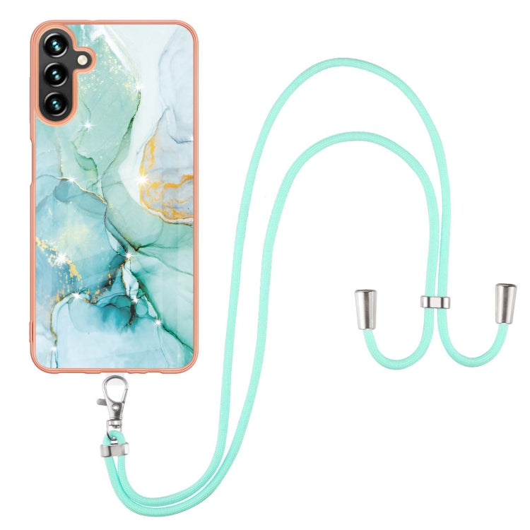 For Samsung Galaxy A34 5G Electroplating Marble IMD TPU Phone Case with Lanyard(Green 003)