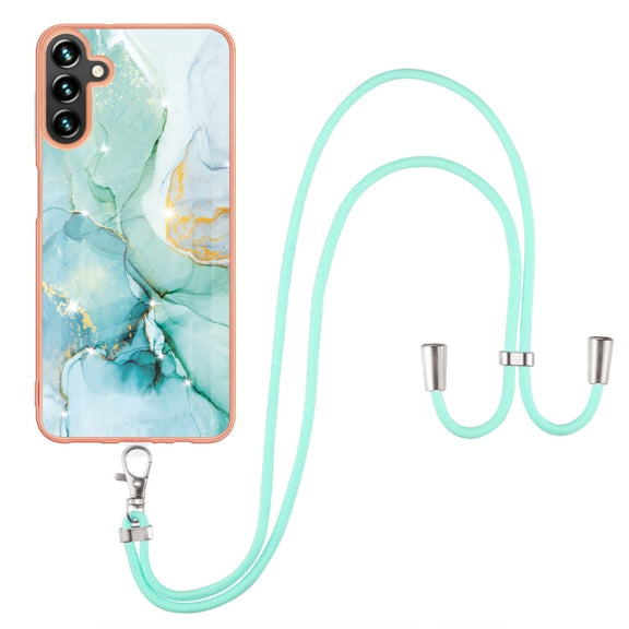 For Samsung Galaxy A34 5G Electroplating Marble IMD TPU Phone Case with Lanyard(Green 003)