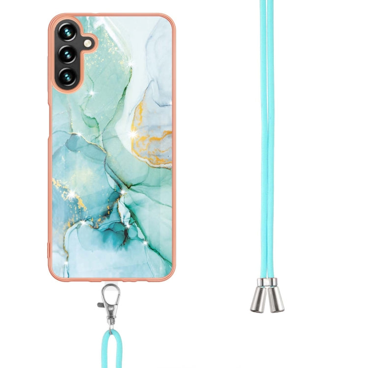 For Samsung Galaxy A34 5G Electroplating Marble IMD TPU Phone Case with Lanyard(Green 003)