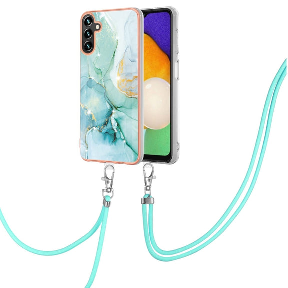 For Samsung Galaxy A34 5G Electroplating Marble IMD TPU Phone Case with Lanyard(Green 003)