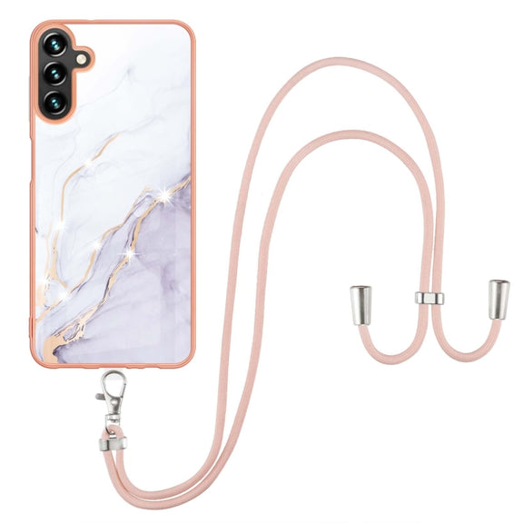 For Samsung Galaxy A54 5G Electroplating Marble IMD TPU Phone Case with Lanyard(White 006)