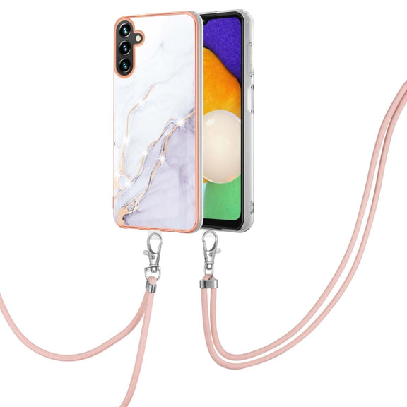 For Samsung Galaxy A54 5G Electroplating Marble IMD TPU Phone Case with Lanyard(White 006)