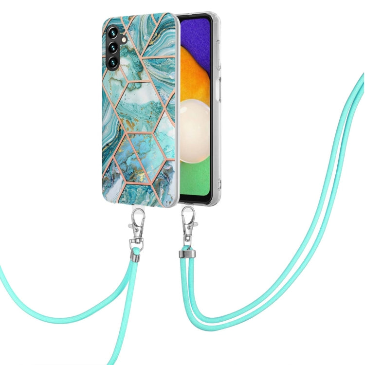 For Samsung Galaxy A34 5G Electroplating IMD Splicing Dual-side Marble TPU Phone Case with Lanyard(Blue)