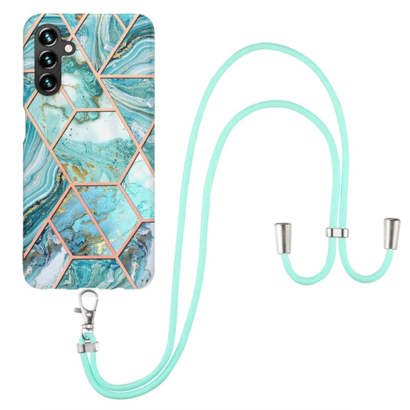 For Samsung Galaxy A34 5G Electroplating IMD Splicing Dual-side Marble TPU Phone Case with Lanyard(Blue)