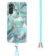 For Samsung Galaxy A34 5G Electroplating IMD Splicing Dual-side Marble TPU Phone Case with Lanyard(Blue)