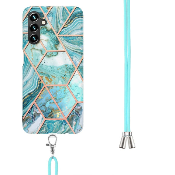 For Samsung Galaxy A34 5G Electroplating IMD Splicing Dual-side Marble TPU Phone Case with Lanyard(Blue)