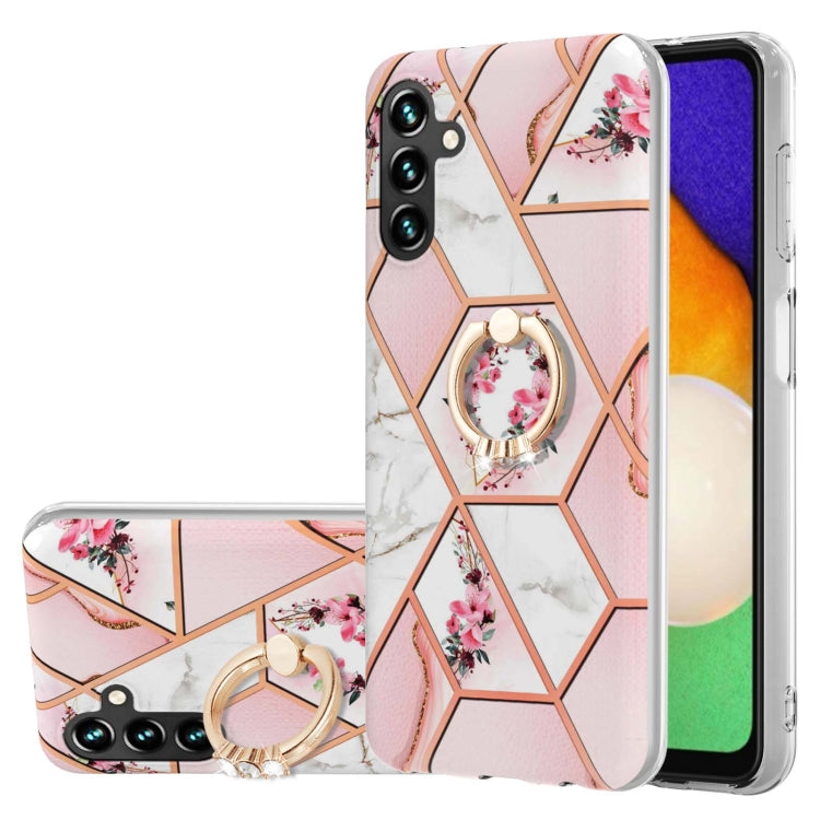 For Samsung Galaxy A54 5G Splicing Marble Flower IMD TPU Phone Case with Ring Holder(Pink Flower)