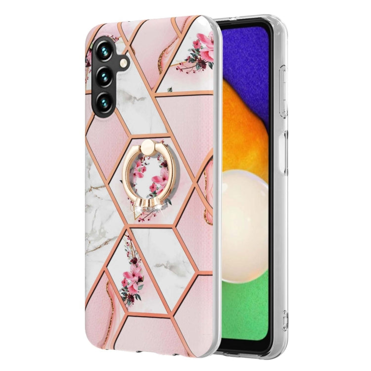 For Samsung Galaxy A54 5G Splicing Marble Flower IMD TPU Phone Case with Ring Holder(Pink Flower)