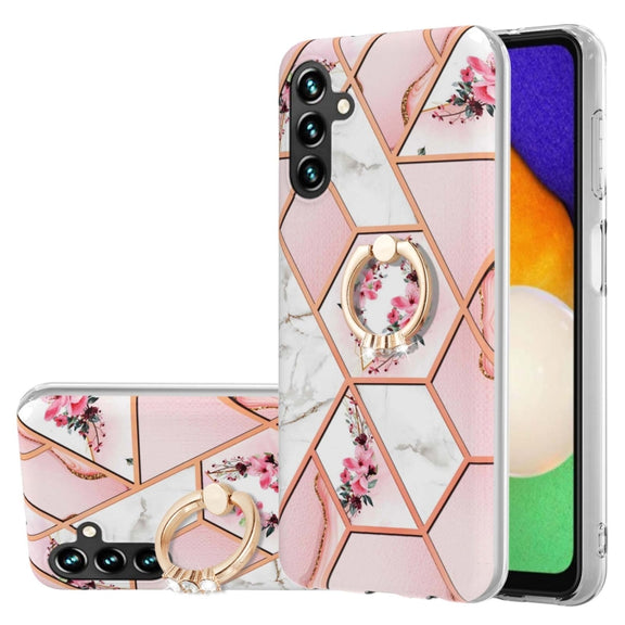 For Samsung Galaxy A54 5G Splicing Marble Flower IMD TPU Phone Case with Ring Holder(Pink Flower)