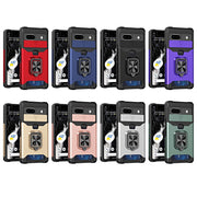 For Google Pixel 7a Camera Shield Card Slot Phone Case with Ring Holder(Black)