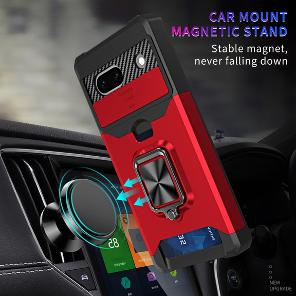 For Google Pixel 7a Camera Shield Card Slot Phone Case with Ring Holder(Black)