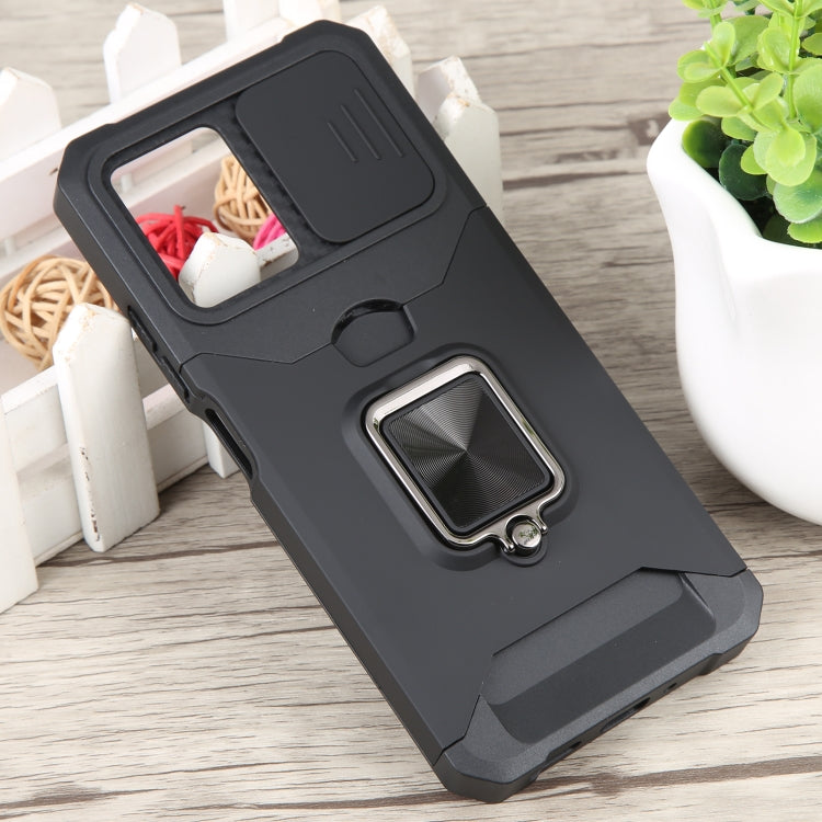 For Xiaomi Redmi Note 12 5G / Poco X5 Camera Shield Card Slot Phone Case with Ring Holder(Black)