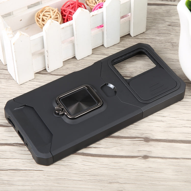 For Xiaomi Redmi Note 12 5G / Poco X5 Camera Shield Card Slot Phone Case with Ring Holder(Black)