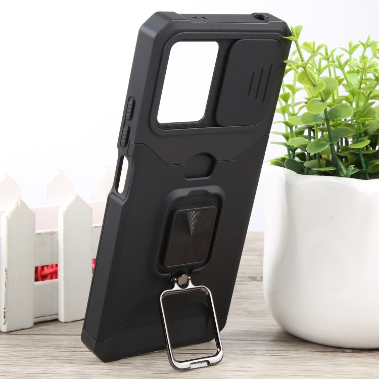For Xiaomi Redmi Note 12 5G / Poco X5 Camera Shield Card Slot Phone Case with Ring Holder(Black)