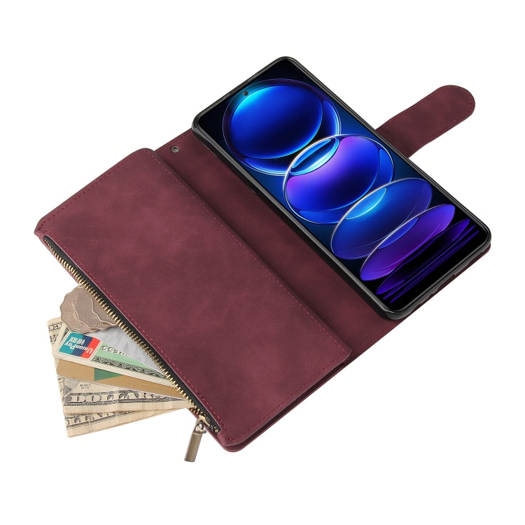 For Xiaomi Redmi Note 12 5G Global India / Poco X5 Multifunctional Multi-Card Wallet Phone Leather Case(Wine Red)