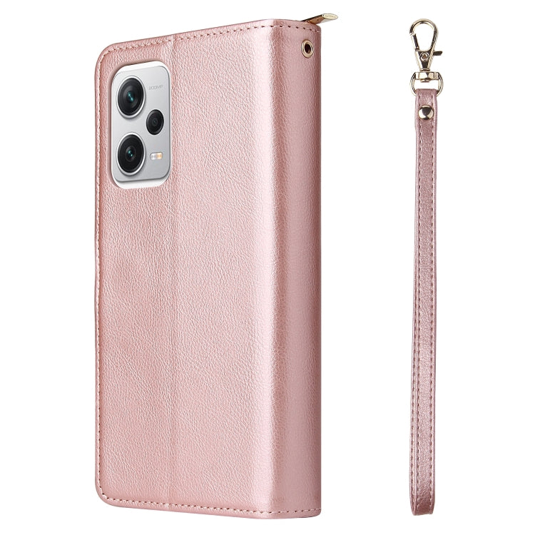 For Xiaomi Redmi Note 12 5G Global / Poco X5 9 Card Slots Zipper Wallet Bag Leather Phone Case(Rose Gold)