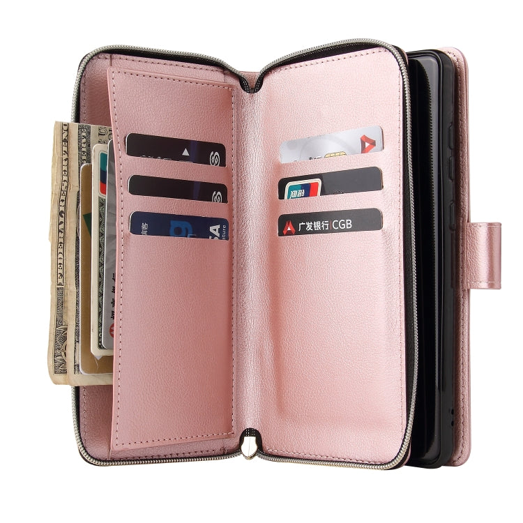 For Xiaomi Redmi Note 12 5G Global / Poco X5 9 Card Slots Zipper Wallet Bag Leather Phone Case(Rose Gold)